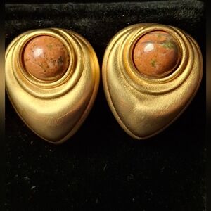 Ann Taylor Gold Clip On Earrings with Brown Stone